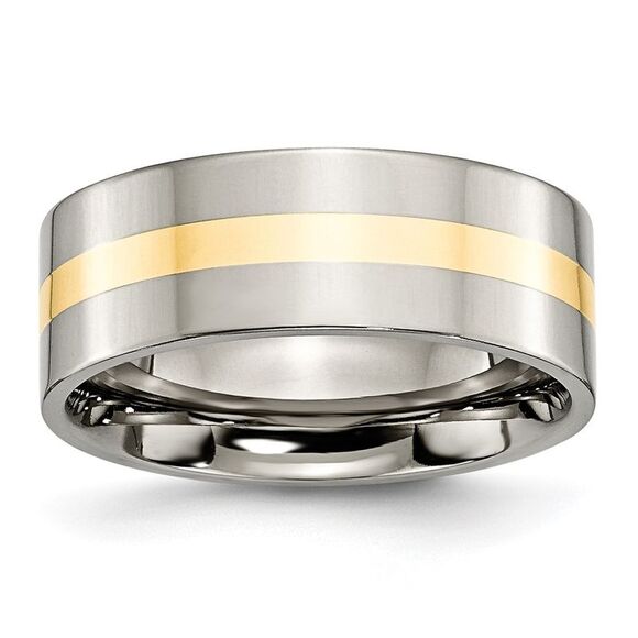 Kazi Luxury Chisel Titanium Polished with 14k Yellow Gold Inlay 8mm Flat Band
